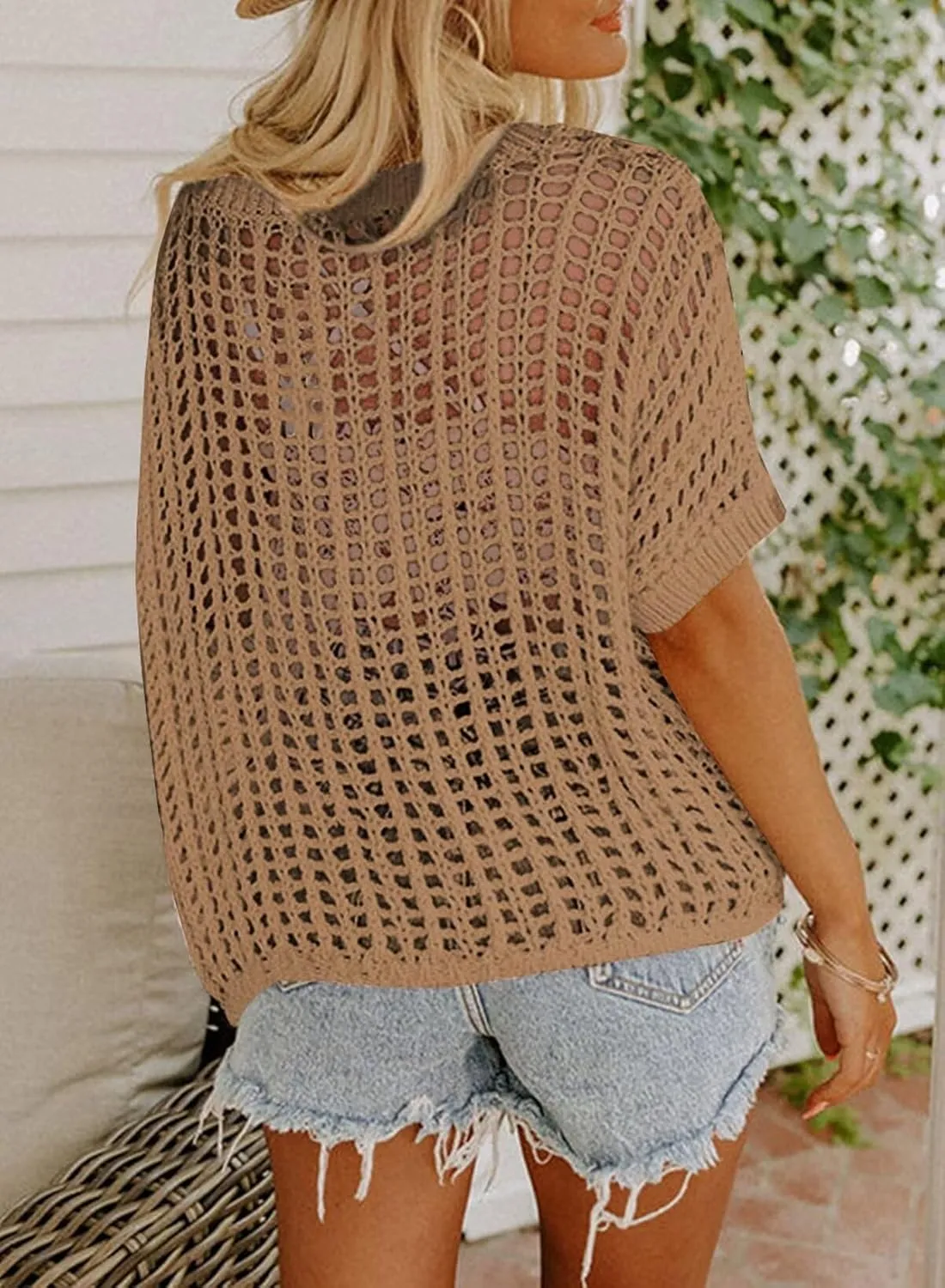 Dokotoo Womens Summer Scoop Neck Short Sleeve Sweater Casual Crochet Hollow Out Knit Tops Pullover Shirts Beach Coverup