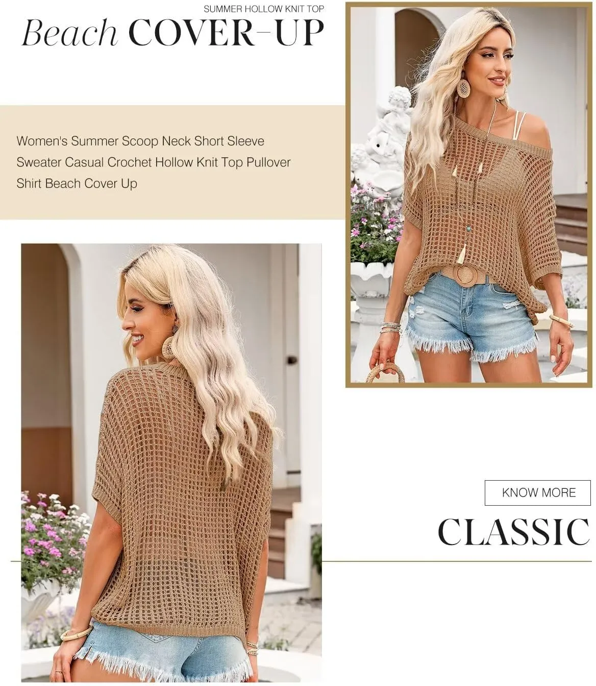 Dokotoo Womens Summer Scoop Neck Short Sleeve Sweater Casual Crochet Hollow Out Knit Tops Pullover Shirts Beach Coverup