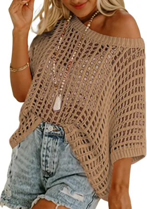 Dokotoo Womens Summer Scoop Neck Short Sleeve Sweater Casual Crochet Hollow Out Knit Tops Pullover Shirts Beach Coverup