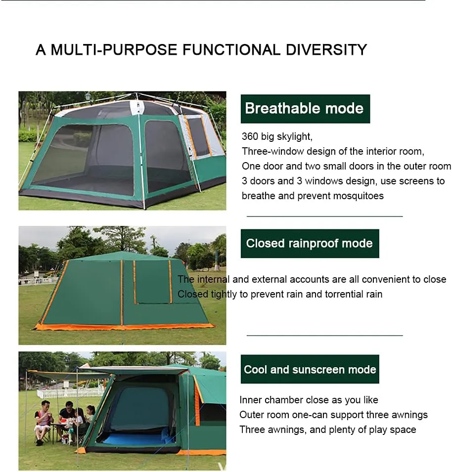 Dome Tent with Porch Automatic Pop Up Tent Sun Shelter Easy Set Up Double Layer Family Camping Tents with Carrying Bag for Outdoor Camping, Fishing, BBQ