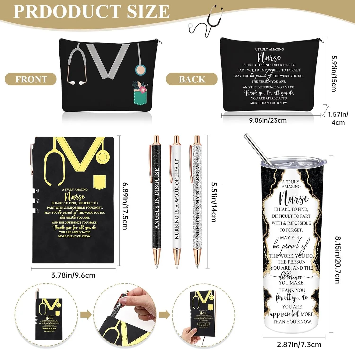 Domensi 6 Pcs Cna Week Appreciation Gifts 2025 for Women Medical Nursing Assistant 20 oz Marble Sign Nurse Tumbler Makeup Bag Notepad with Ballpoint Pen for Graduation Nursing Student(Black)