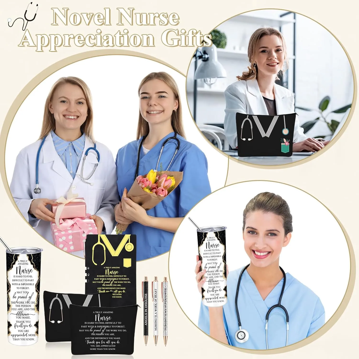 Domensi 6 Pcs Cna Week Appreciation Gifts 2025 for Women Medical Nursing Assistant 20 oz Marble Sign Nurse Tumbler Makeup Bag Notepad with Ballpoint Pen for Graduation Nursing Student(Black)