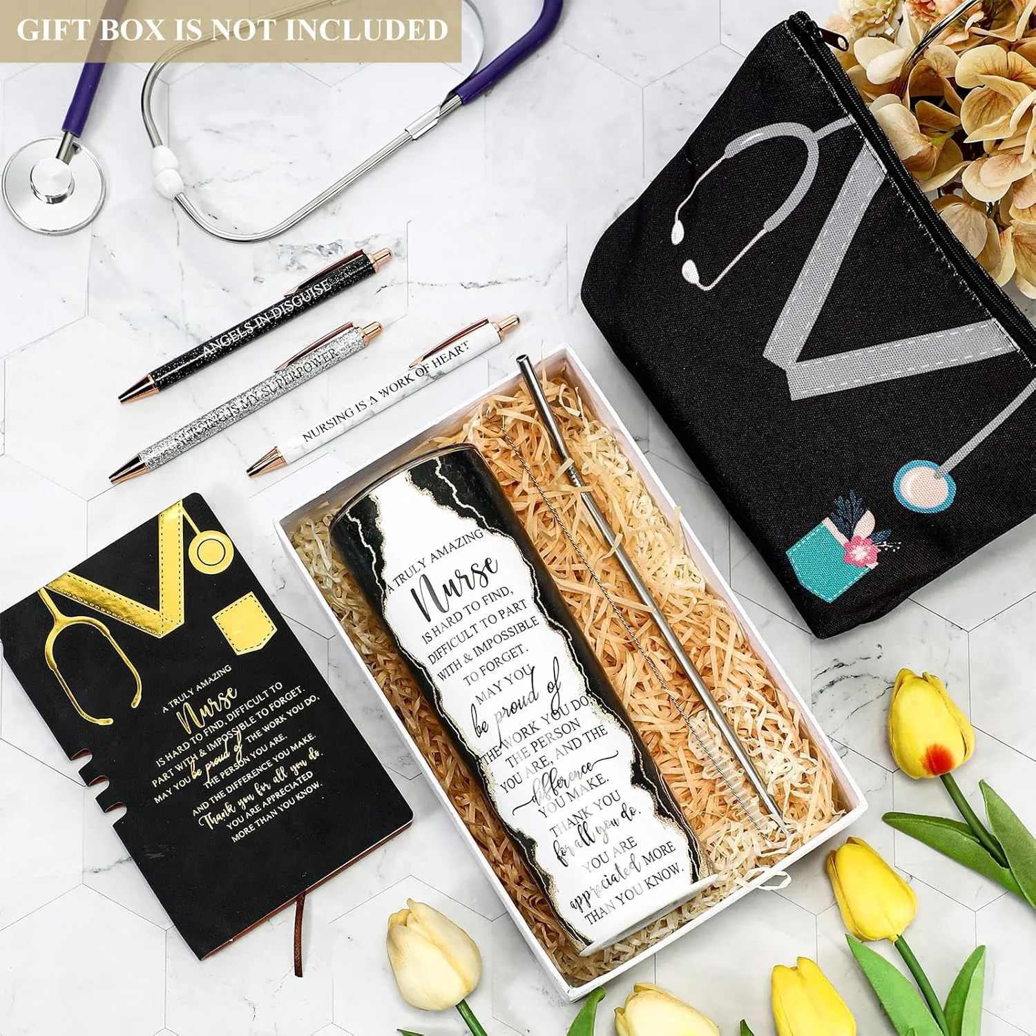 Domensi 6 Pcs Cna Week Appreciation Gifts 2025 for Women Medical Nursing Assistant 20 oz Marble Sign Nurse Tumbler Makeup Bag Notepad with Ballpoint Pen for Graduation Nursing Student(Black)