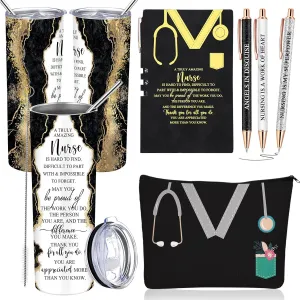 Domensi 6 Pcs Cna Week Appreciation Gifts 2025 for Women Medical Nursing Assistant 20 oz Marble Sign Nurse Tumbler Makeup Bag Notepad with Ballpoint Pen for Graduation Nursing Student(Black)
