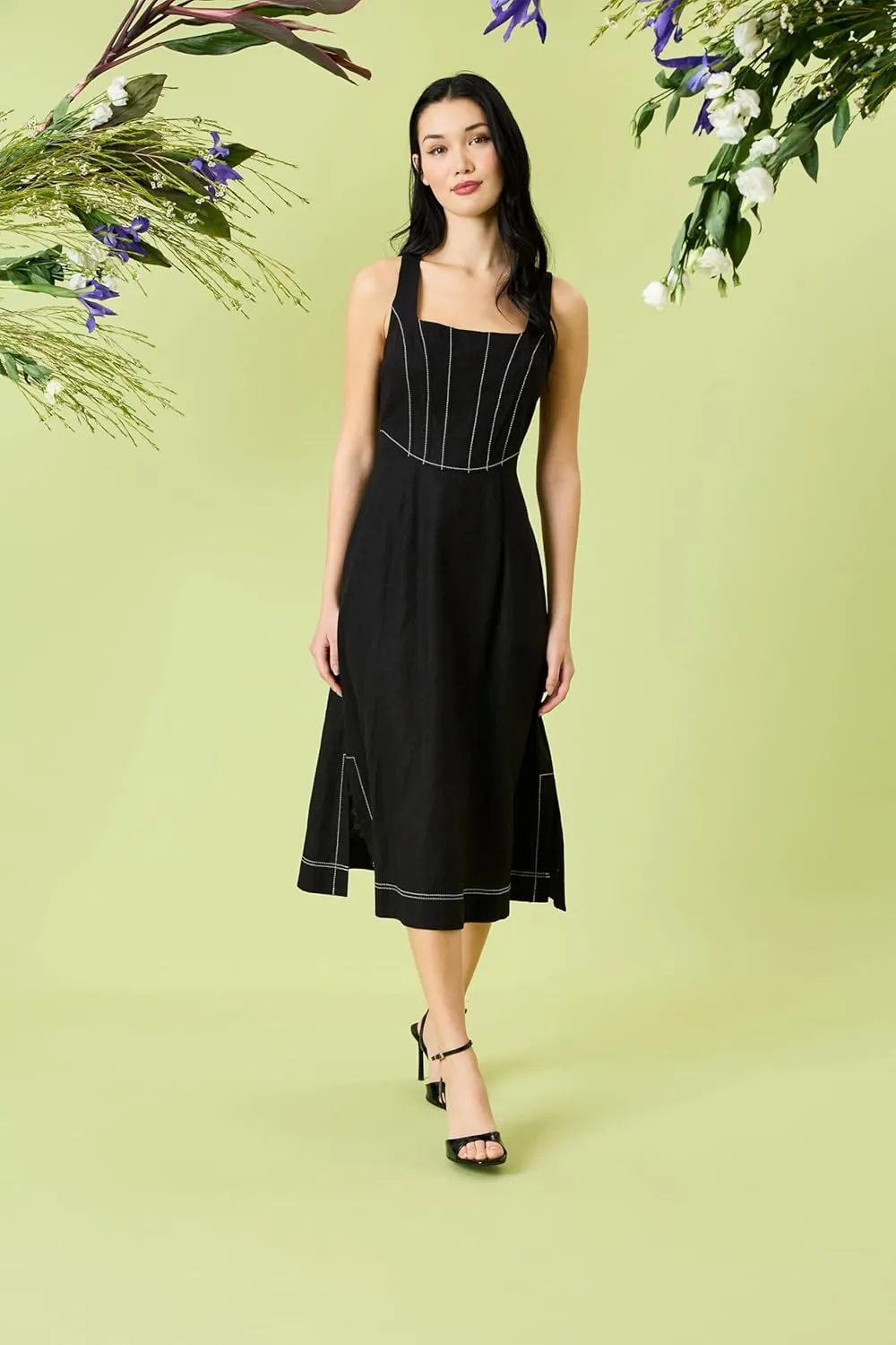 Donna Morgan Women's Square Neck Midi Linen Rayon A-line Sleeveless Tailored Summer Wedding Guest Cocktail Dress
