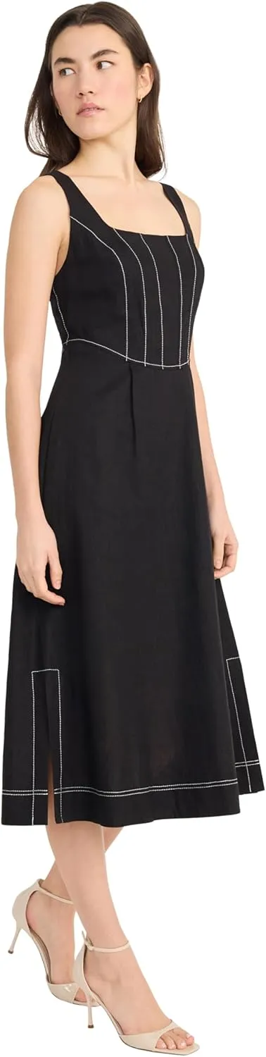 Donna Morgan Women's Square Neck Midi Linen Rayon A-line Sleeveless Tailored Summer Wedding Guest Cocktail Dress