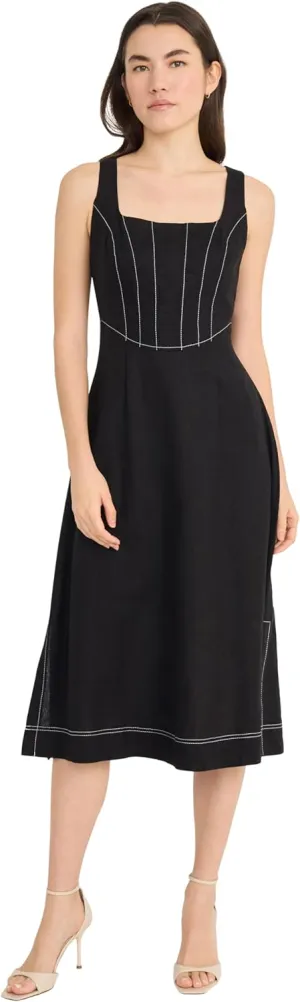 Donna Morgan Women's Square Neck Midi Linen Rayon A-line Sleeveless Tailored Summer Wedding Guest Cocktail Dress