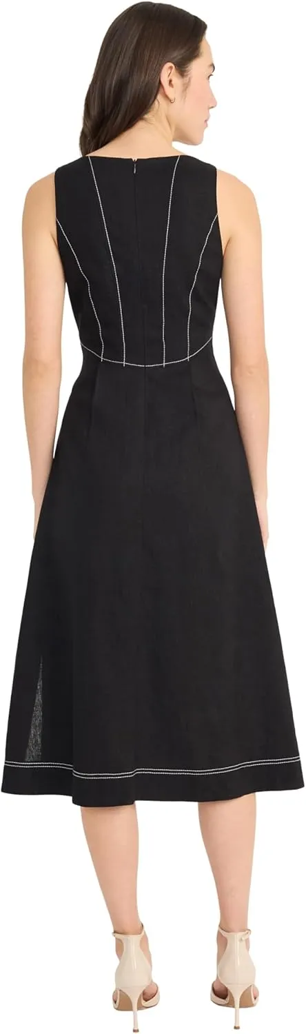 Donna Morgan Women's Square Neck Midi Linen Rayon A-line Sleeveless Tailored Summer Wedding Guest Cocktail Dress
