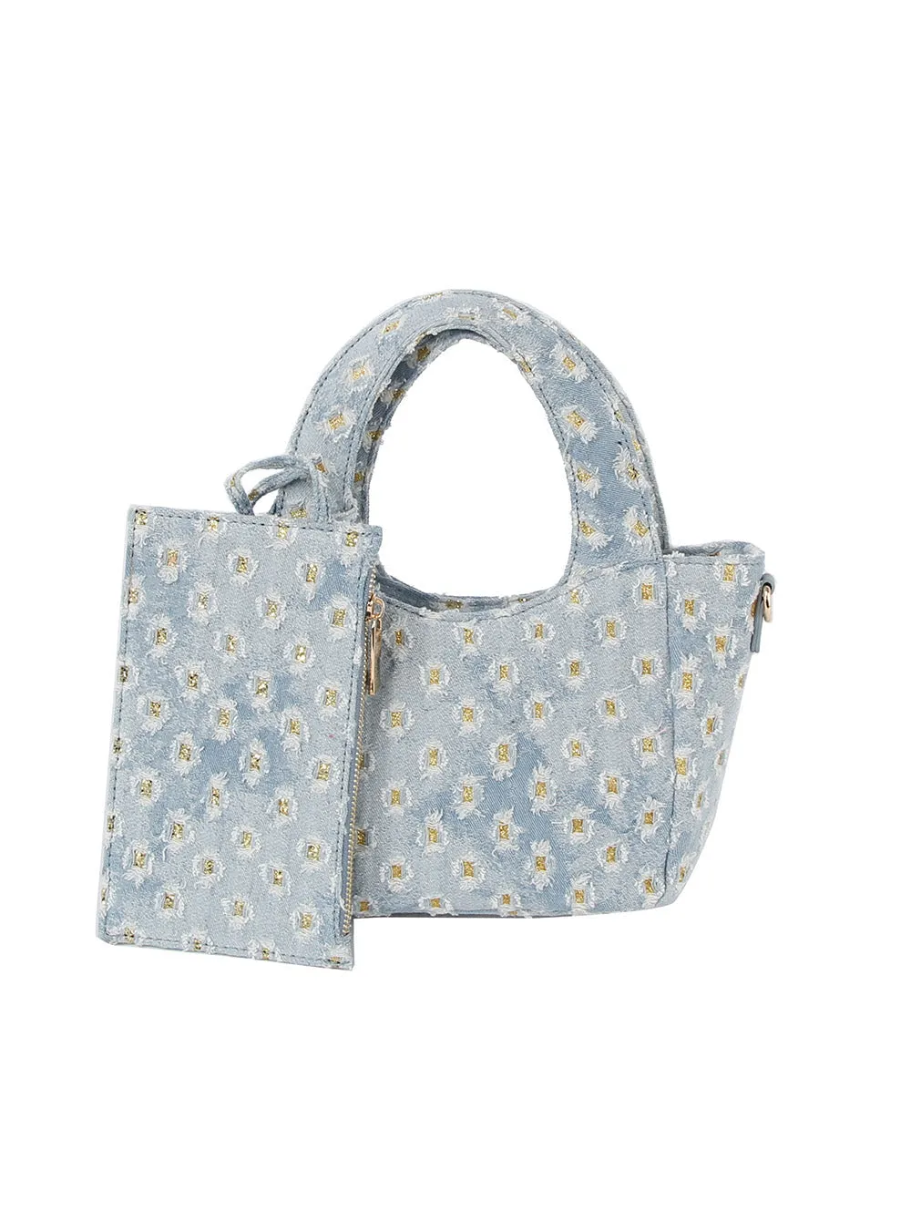 Dotted distressed denim tote and purse set