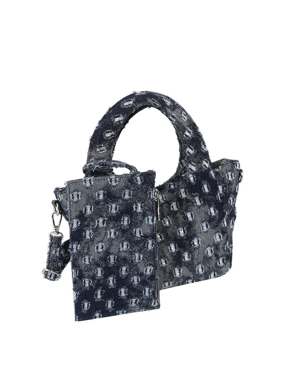 Dotted distressed denim tote and purse set