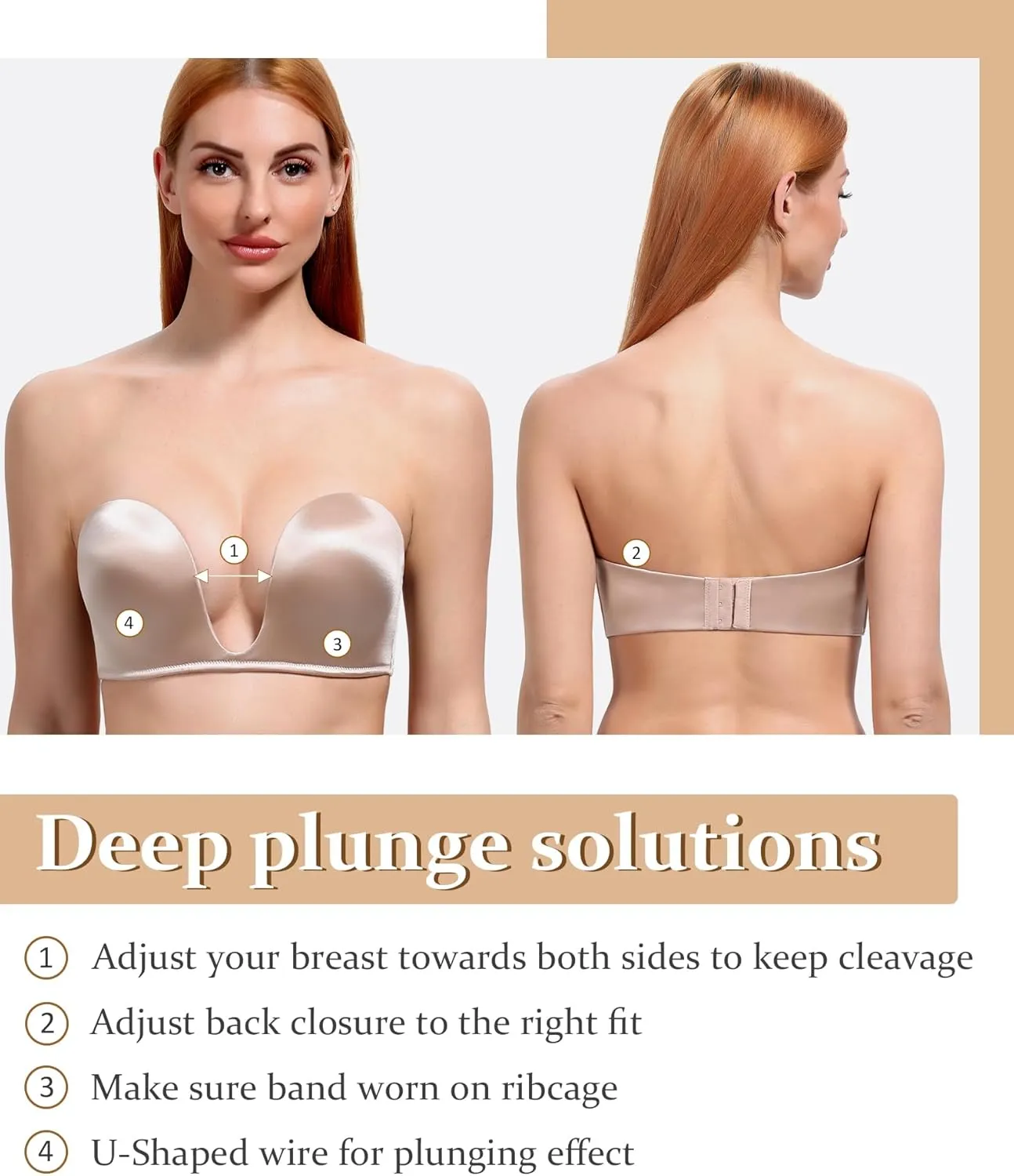 DotVol Women's Multiway Deep U Plunge Padded Push Up Convertible Bra