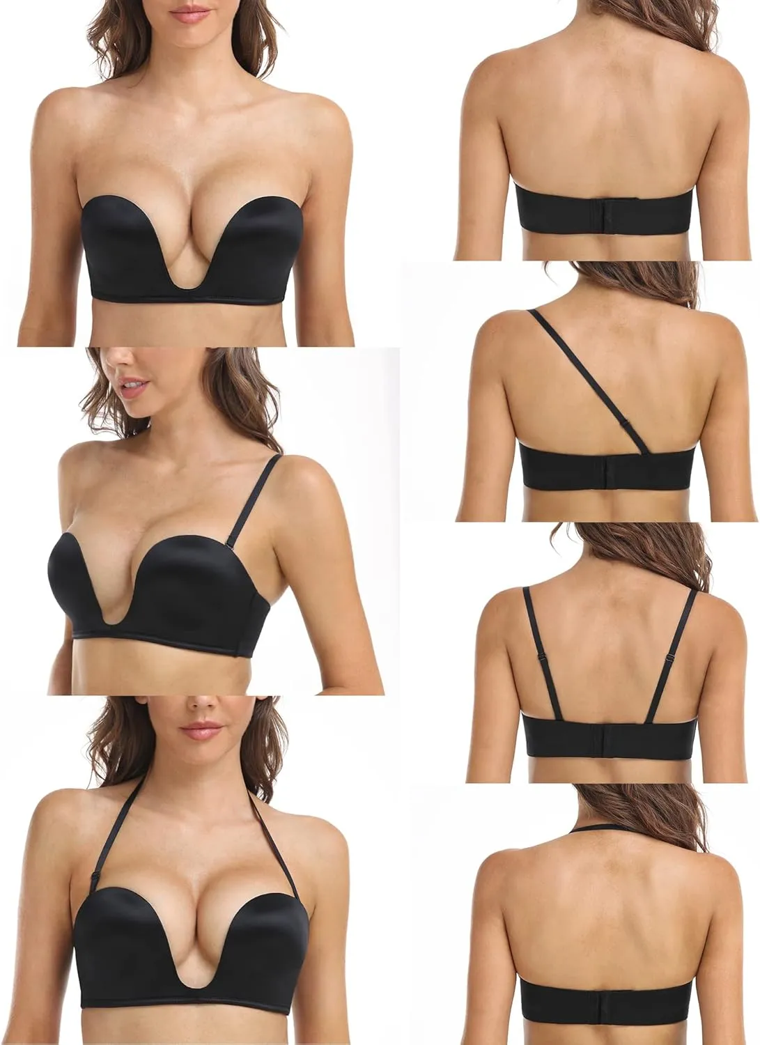 DotVol Women's Multiway Deep U Plunge Padded Push Up Convertible Bra