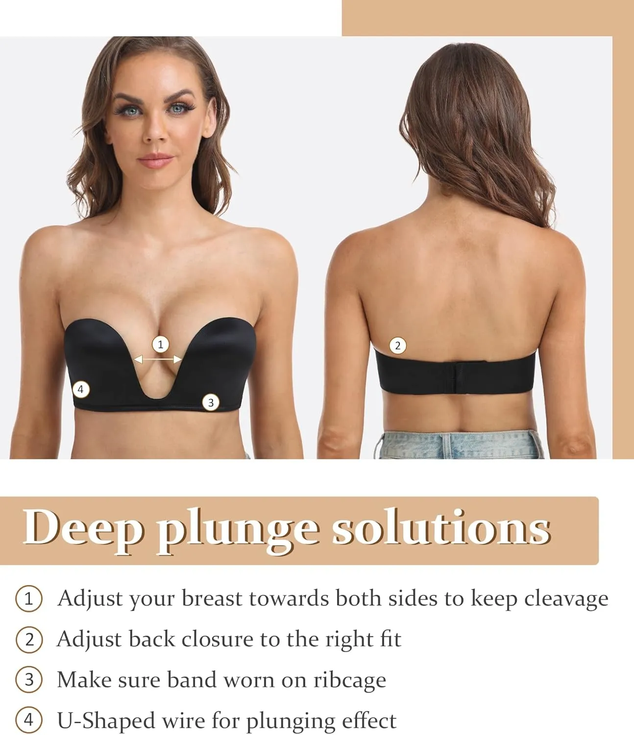 DotVol Women's Multiway Deep U Plunge Padded Push Up Convertible Bra