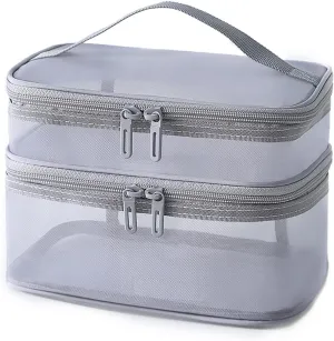 Double Layer Makeup Bag, Large Mesh Travel Cosmetic Pouch with Double Zipper, Vertical Make up Bag, Multifunctional Toiletry Bag for Makeup Brushes (Gray)