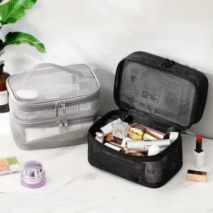 Double Layer Mesh Cosmetic Bag, Women's Portable Makeup Toiletry Organizer Pouch with Zipper