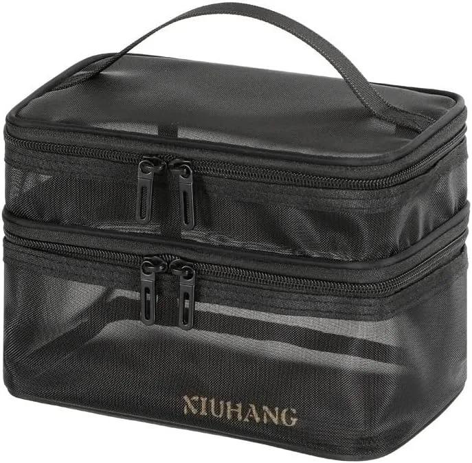 Double Layer Mesh Cosmetic Bag Zipper Storage Bag, Clear Cosmetic Bag Toiletry Bag Makeup Bag Handbag Travel Wash Bag
