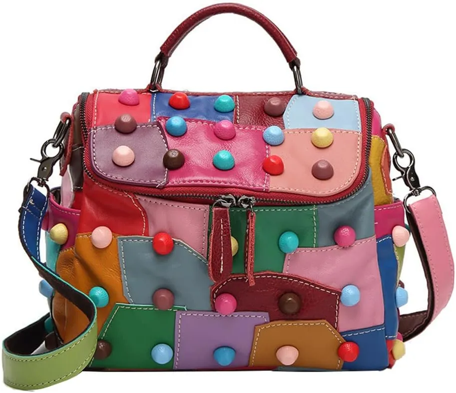 Downupdown Top Handle Handbag Multicolor Stitching Large Capacity Wallet Colorful Rivet Shoulder Bag Messenger Bag