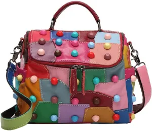 Downupdown Top Handle Handbag Multicolor Stitching Large Capacity Wallet Colorful Rivet Shoulder Bag Messenger Bag