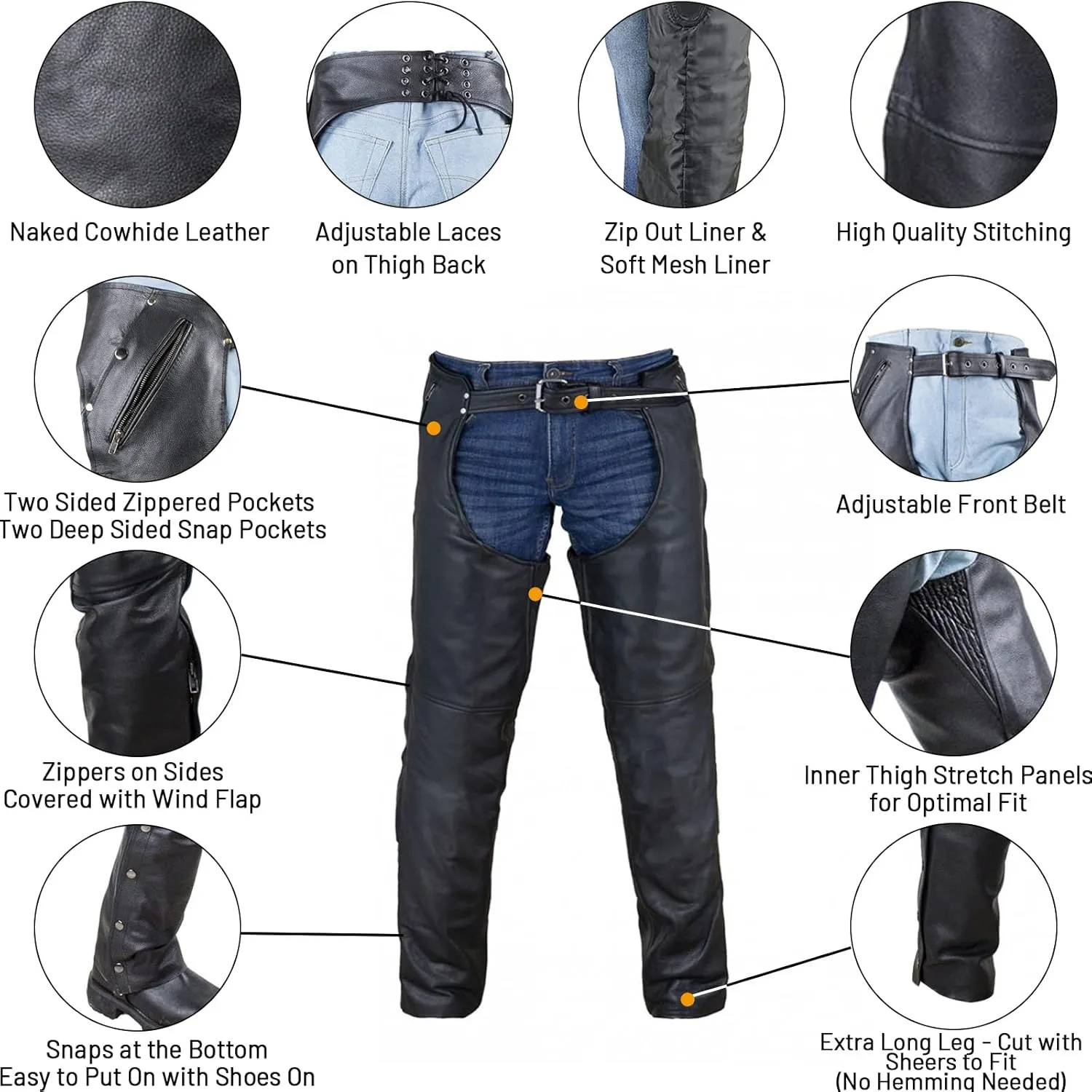 Dream Apparel Black Motorcycle Leather Chaps for Men Women Riding with Zip Out Liner, Cowboy Biker Chap Pants W/Four Pockets