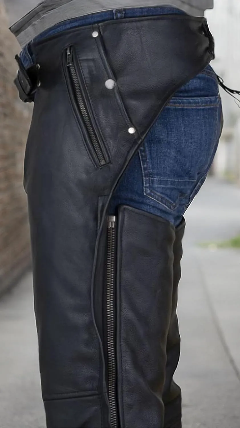 Dream Apparel Black Motorcycle Leather Chaps for Men Women Riding with Zip Out Liner, Cowboy Biker Chap Pants W/Four Pockets