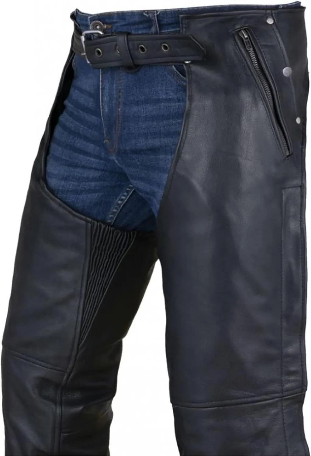 Dream Apparel Black Motorcycle Leather Chaps for Men Women Riding with Zip Out Liner, Cowboy Biker Chap Pants W/Four Pockets