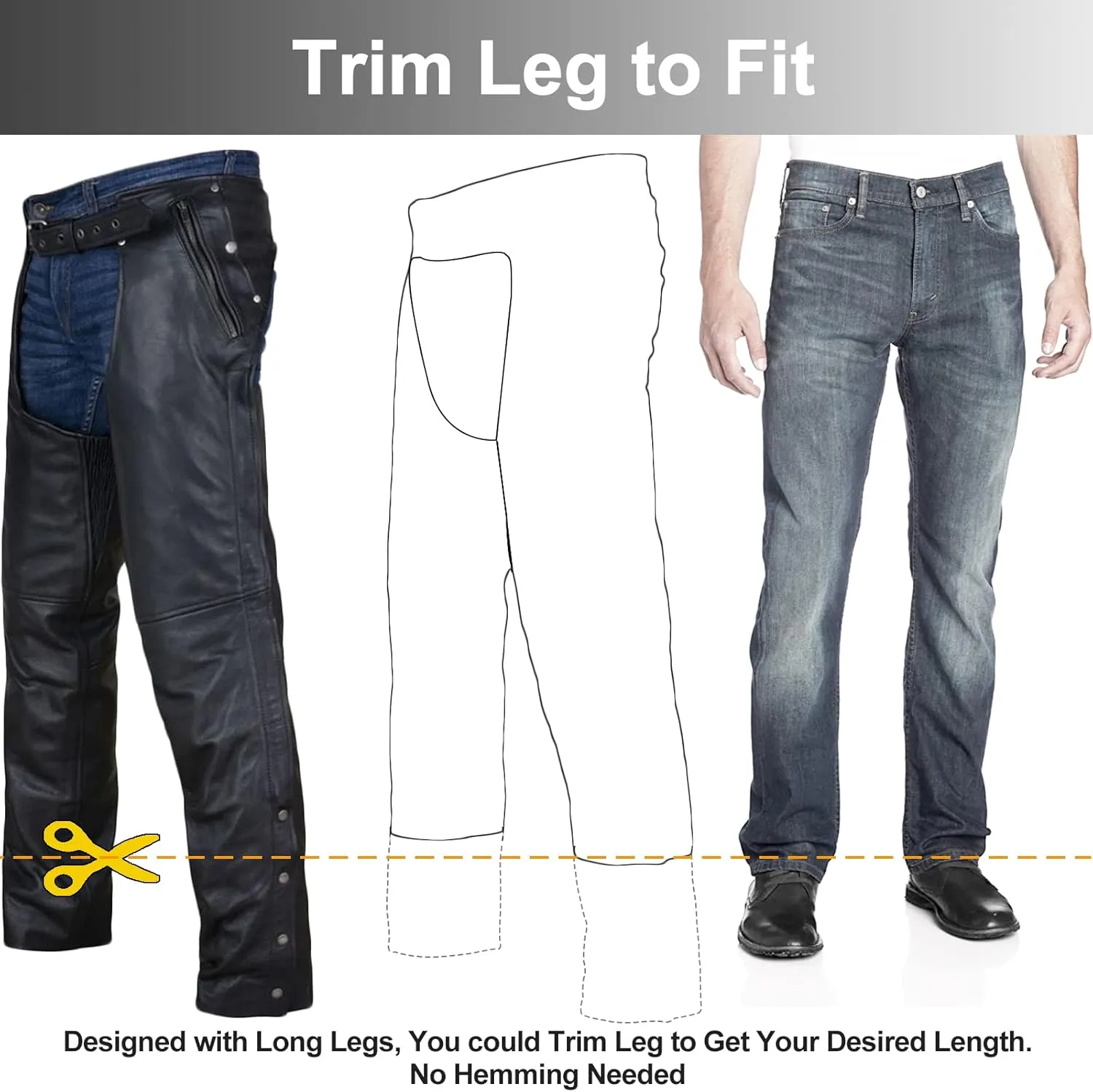 Dream Apparel Black Motorcycle Leather Chaps for Men Women Riding with Zip Out Liner, Cowboy Biker Chap Pants W/Four Pockets