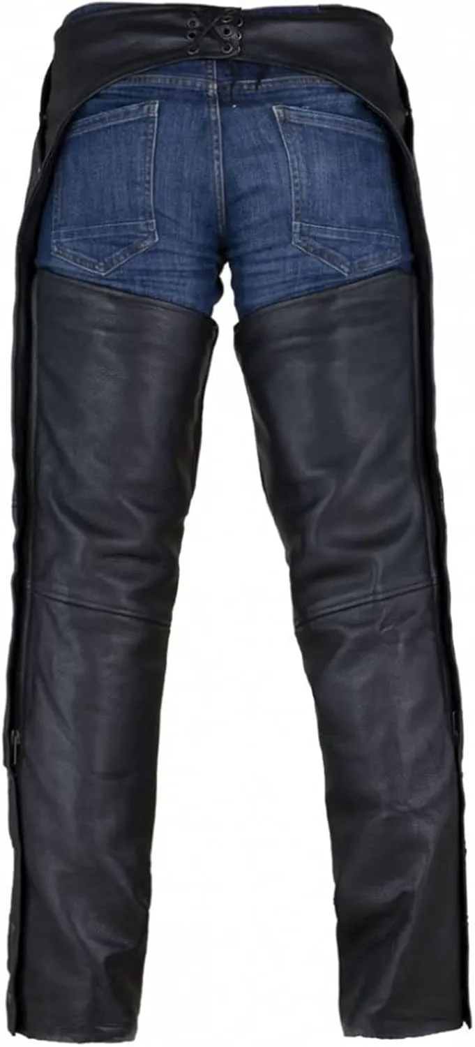 Dream Apparel Black Motorcycle Leather Chaps for Men Women Riding with Zip Out Liner, Cowboy Biker Chap Pants W/Four Pockets
