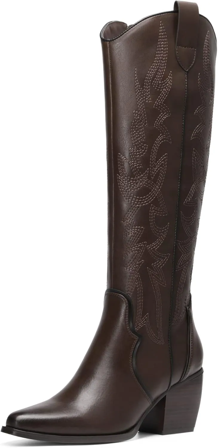 DREAM PAIRS Womens Cowboy Boots Wide Calf Comfortable Pull On Zipper Chunky Heel Pointed Toe Embroidered Western Cowgirl Knee High Boots Girls Ladies Retro Tall Boot
