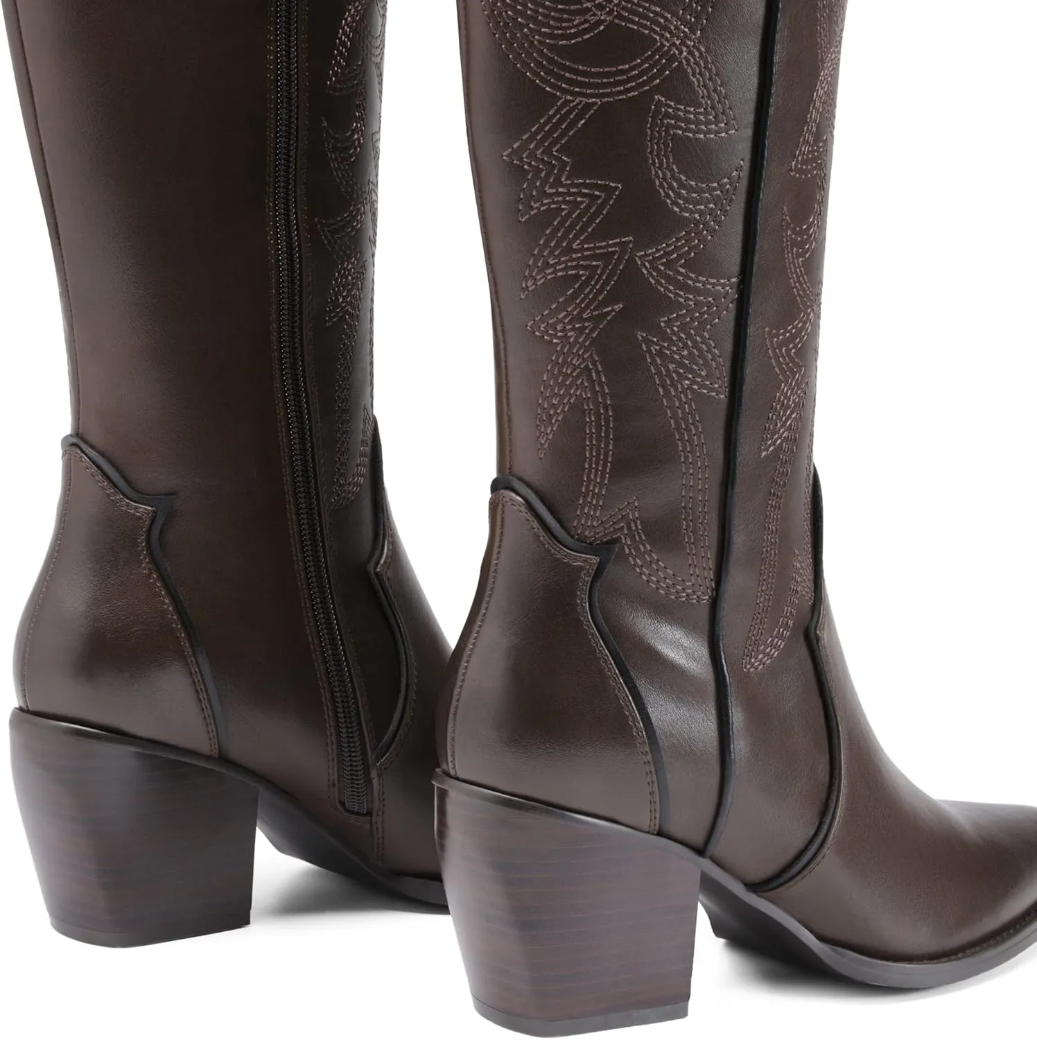 DREAM PAIRS Womens Cowboy Boots Wide Calf Comfortable Pull On Zipper Chunky Heel Pointed Toe Embroidered Western Cowgirl Knee High Boots Girls Ladies Retro Tall Boot