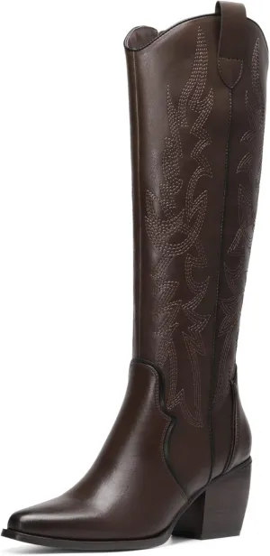 DREAM PAIRS Womens Cowboy Boots Wide Calf Comfortable Pull On Zipper Chunky Heel Pointed Toe Embroidered Western Cowgirl Knee High Boots Girls Ladies Retro Tall Boot