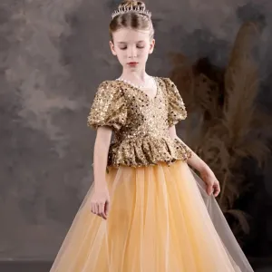 DreamyVow Luxury Shiny Champagne Flower Girl Dress Sequined Princess J131
