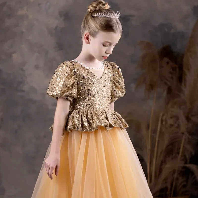 DreamyVow Luxury Shiny Champagne Flower Girl Dress Sequined Princess J131