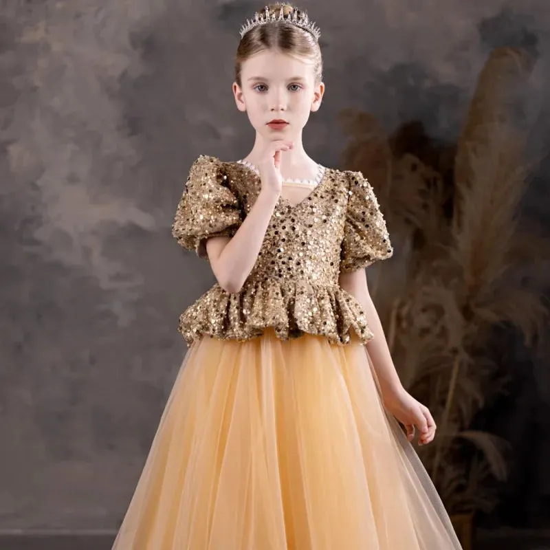 DreamyVow Luxury Shiny Champagne Flower Girl Dress Sequined Princess J131
