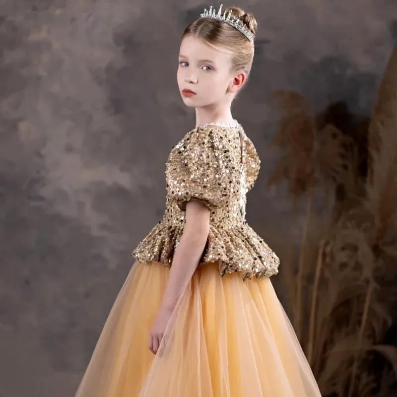 DreamyVow Luxury Shiny Champagne Flower Girl Dress Sequined Princess J131