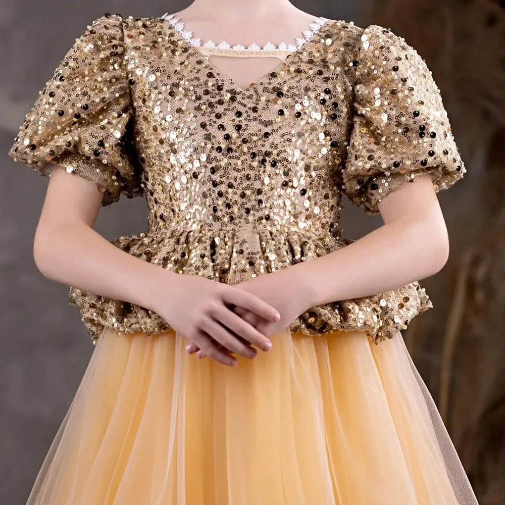 DreamyVow Luxury Shiny Champagne Flower Girl Dress Sequined Princess J131