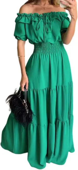Dress with Puffed Sleeves Fashionable Lacing Halter Neckline Pure Color Large Skirt with Lotus Leaf Edge