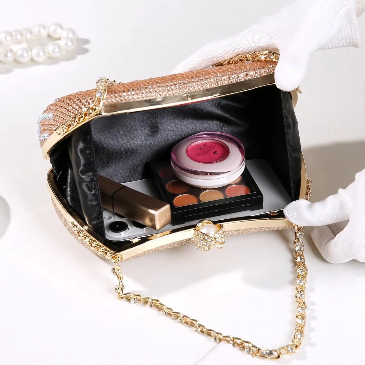Dreubea Womens Fashion Rhinestone Evening Handbag with Chain Shiny Tote Clutch Bag