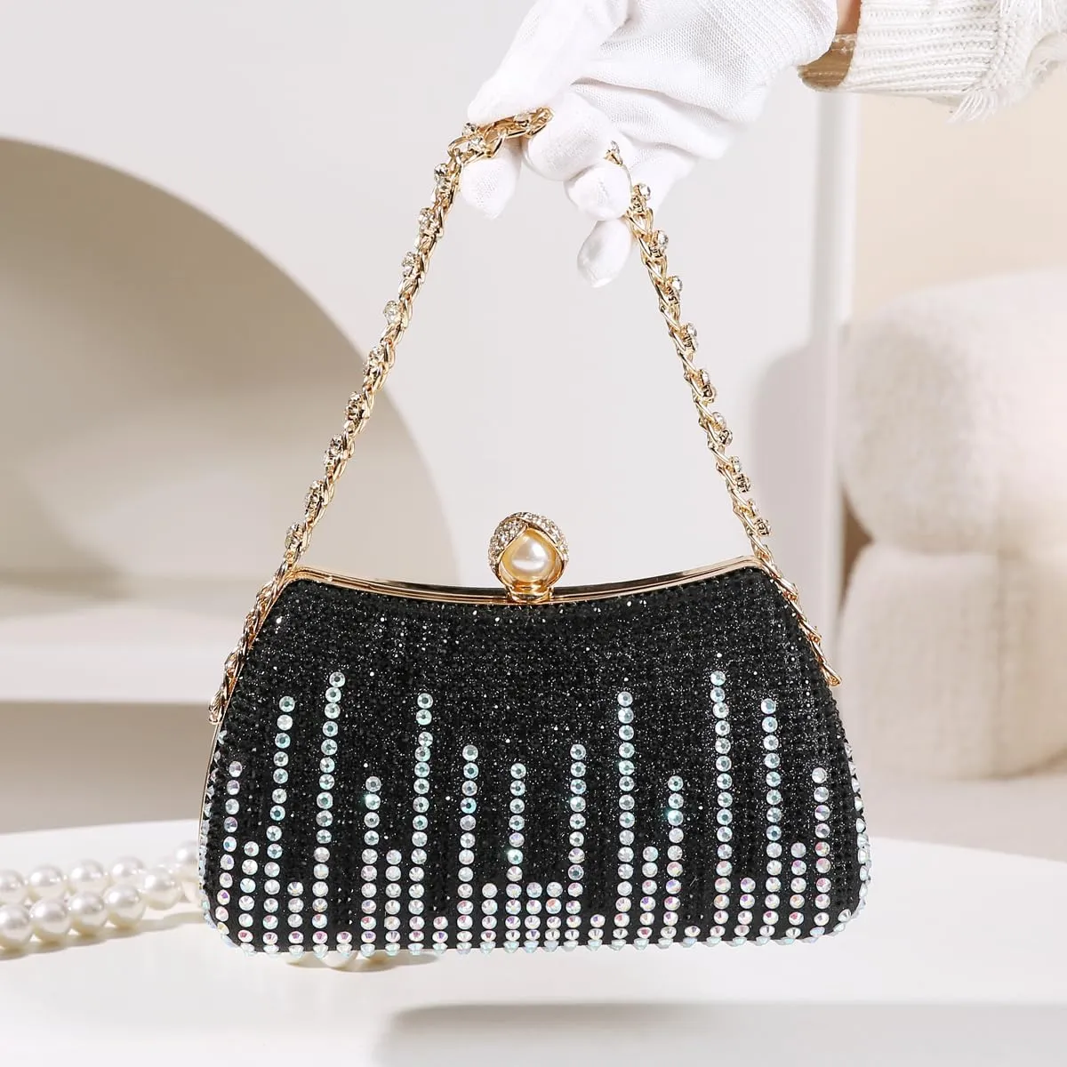 Dreubea Womens Fashion Rhinestone Evening Handbag with Chain Shiny Tote Clutch Bag