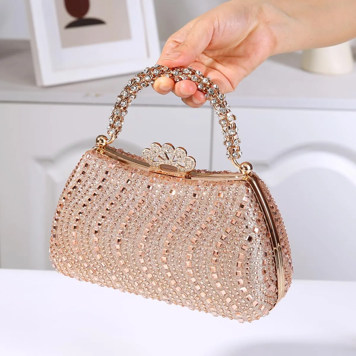 Dreubea Womens Shiny Tote Evening Bag Fashion Rhinestone Decrated Handbag