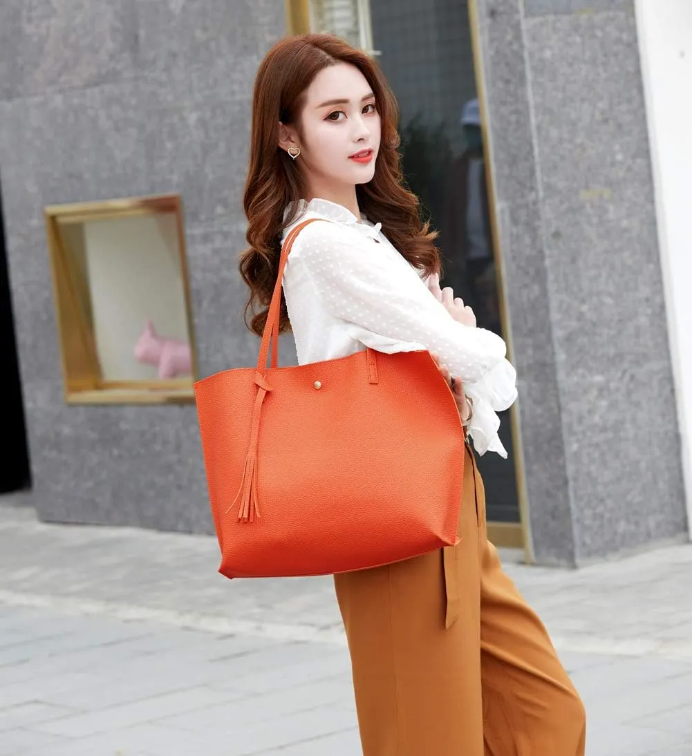 Dreubea Women's Soft Faux Leather Tote Shoulder Bag from, Big Capacity Tassel Handbag