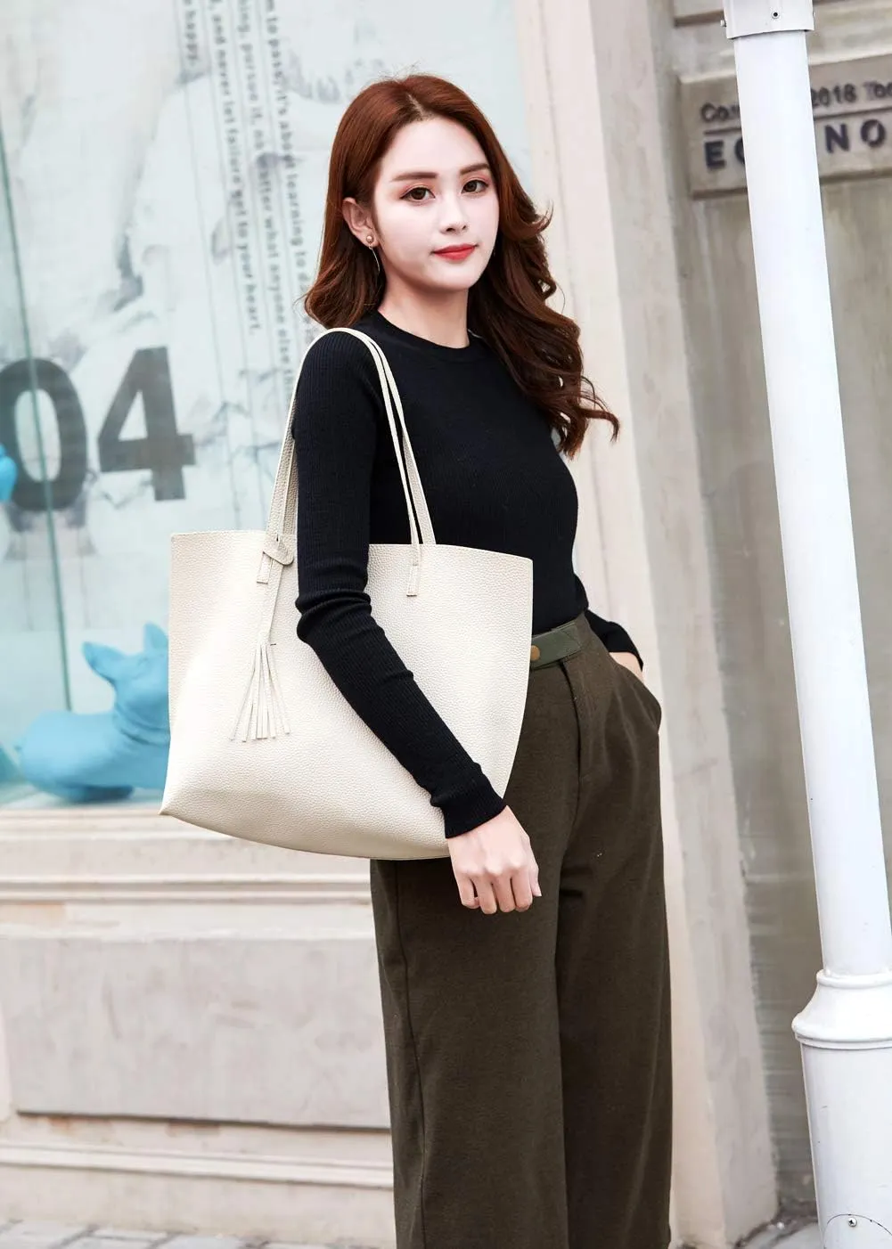 Dreubea Women's Soft Faux Leather Tote Shoulder Bag from, Big Capacity Tassel Handbag