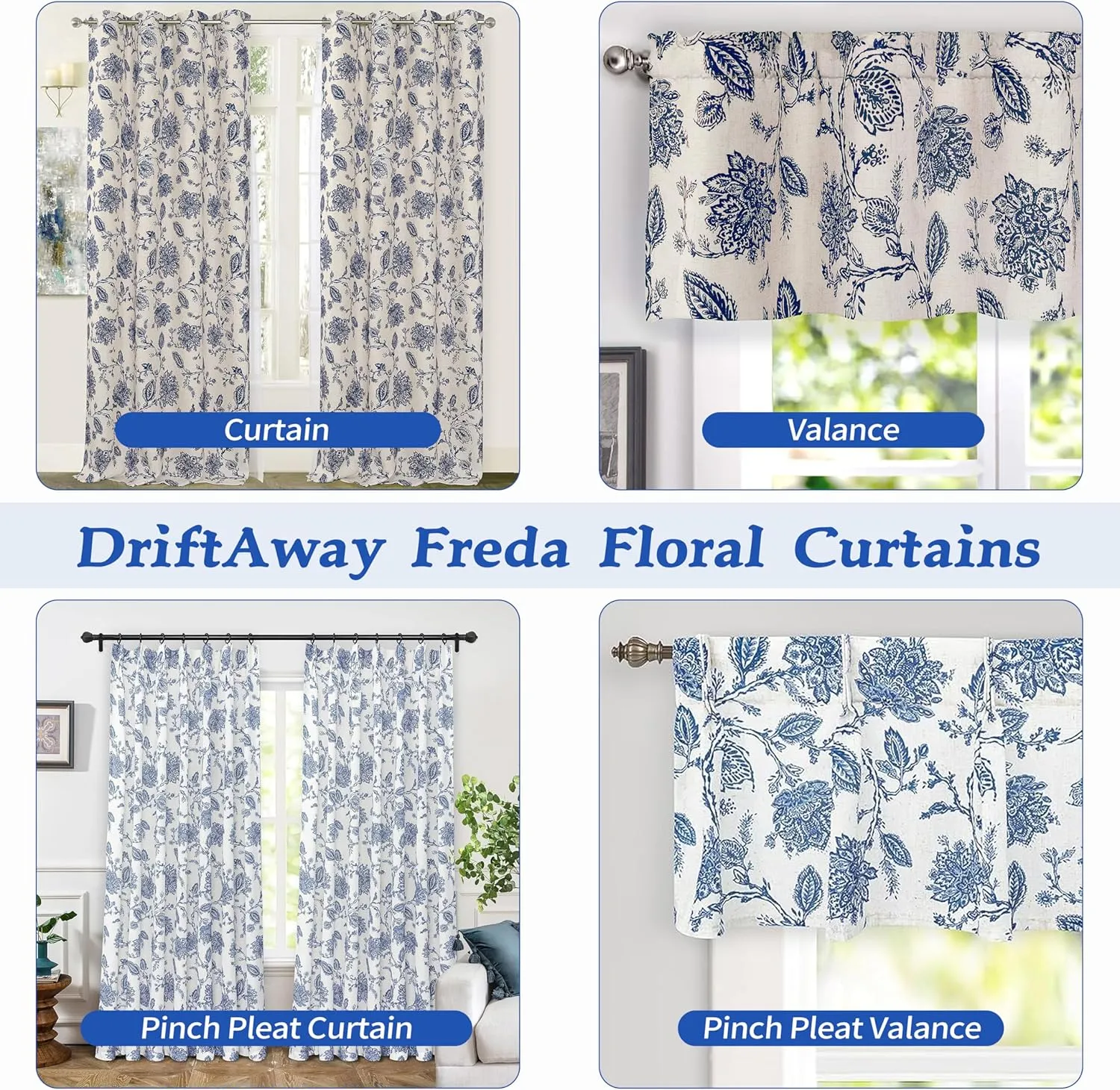 DriftAway Freda Jacobean Floral Linen Blend Blackout Thermal Insulated Energy Saving Privacy Window Linen Curtain Valance Rod Pocket 2 Layers Single 52 Inch by 14 Inch Plus 2 Inch Header Navy Beige
