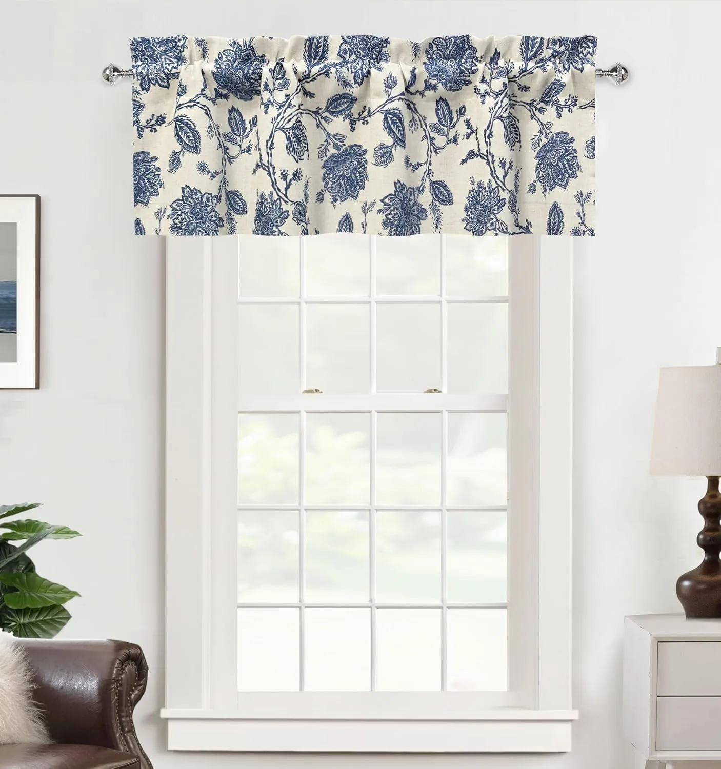 DriftAway Freda Jacobean Floral Linen Blend Blackout Thermal Insulated Energy Saving Privacy Window Linen Curtain Valance Rod Pocket 2 Layers Single 52 Inch by 14 Inch Plus 2 Inch Header Navy Beige