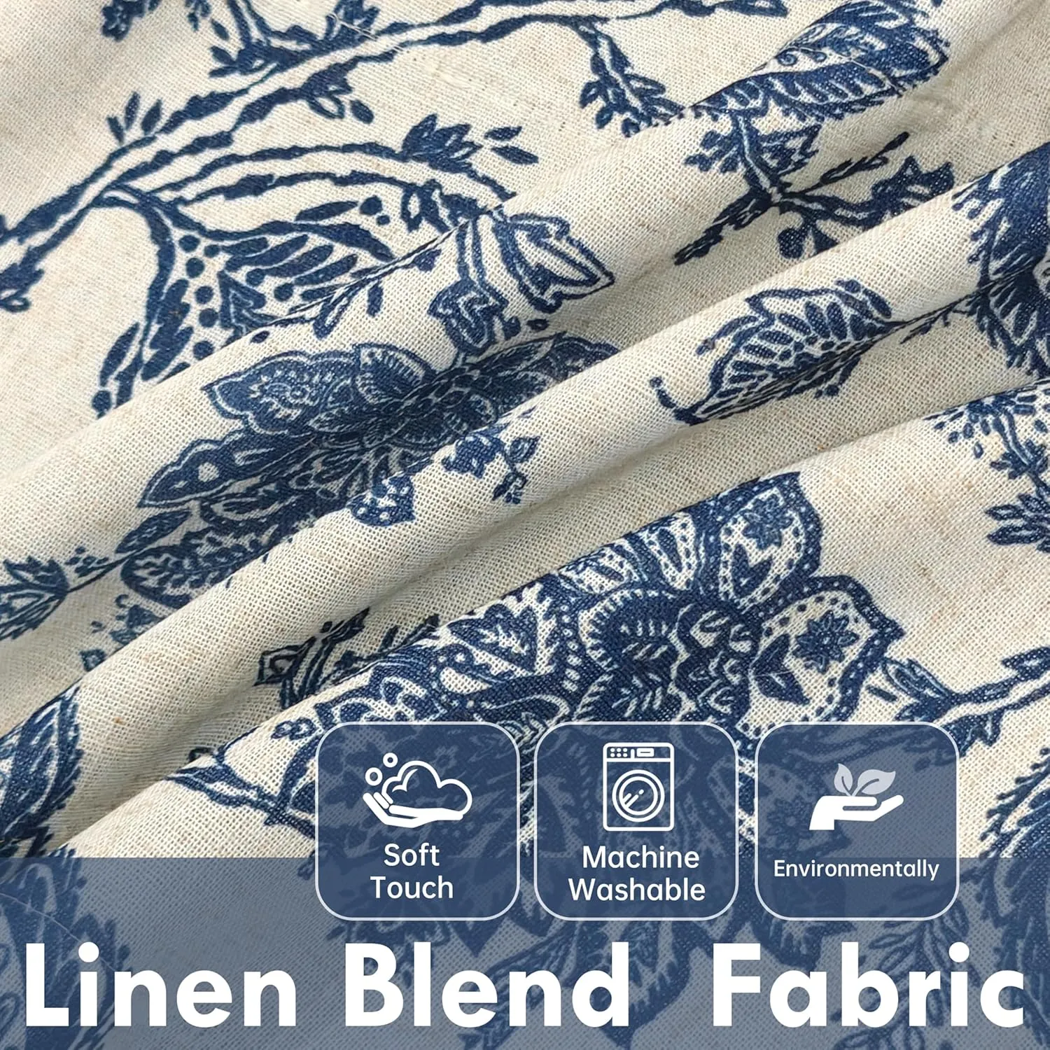 DriftAway Freda Jacobean Floral Linen Blend Blackout Thermal Insulated Energy Saving Privacy Window Linen Curtain Valance Rod Pocket 2 Layers Single 52 Inch by 14 Inch Plus 2 Inch Header Navy Beige