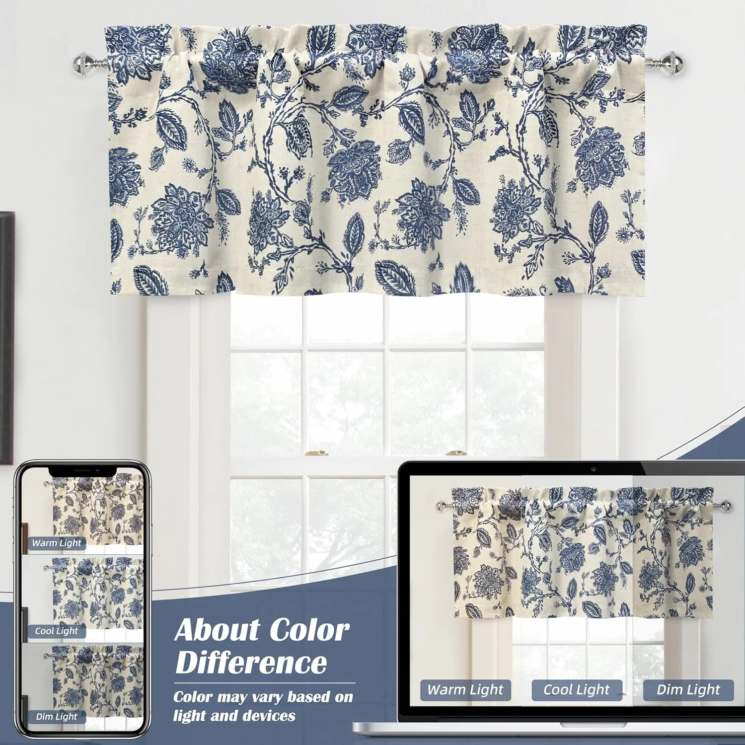 DriftAway Freda Jacobean Floral Linen Blend Blackout Thermal Insulated Energy Saving Privacy Window Linen Curtain Valance Rod Pocket 2 Layers Single 52 Inch by 14 Inch Plus 2 Inch Header Navy Beige