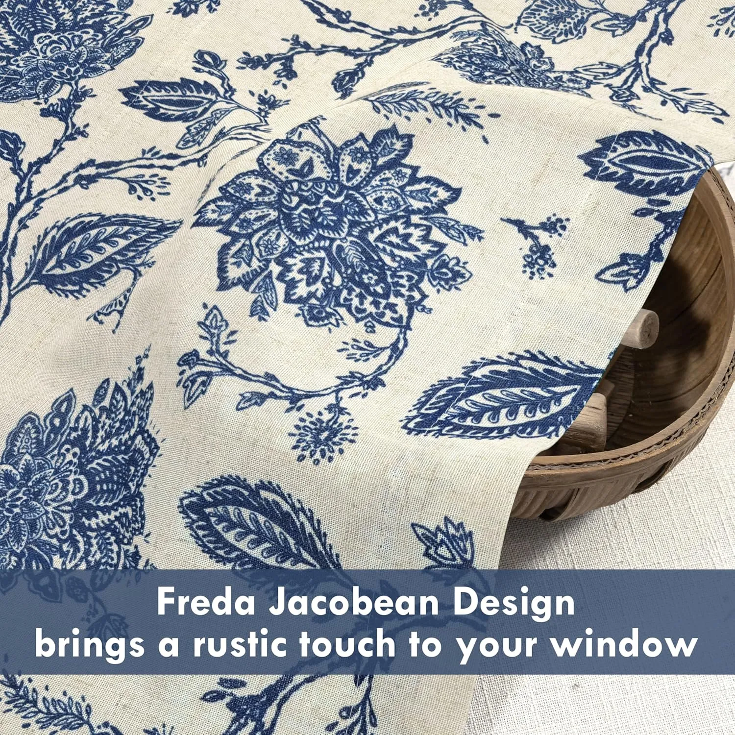 DriftAway Freda Jacobean Floral Linen Blend Blackout Thermal Insulated Energy Saving Privacy Window Linen Curtain Valance Rod Pocket 2 Layers Single 52 Inch by 14 Inch Plus 2 Inch Header Navy Beige