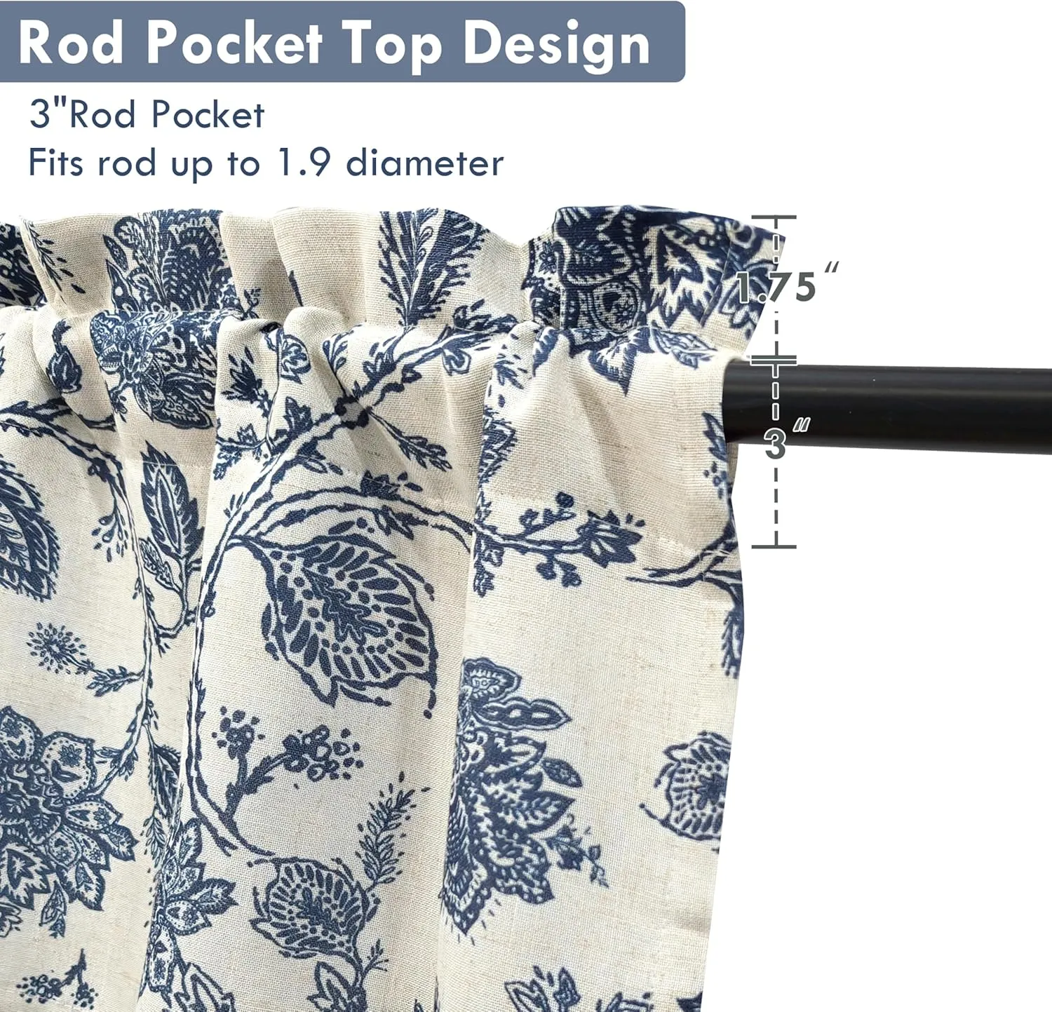 DriftAway Freda Jacobean Floral Linen Blend Blackout Thermal Insulated Energy Saving Privacy Window Linen Curtain Valance Rod Pocket 2 Layers Single 52 Inch by 14 Inch Plus 2 Inch Header Navy Beige