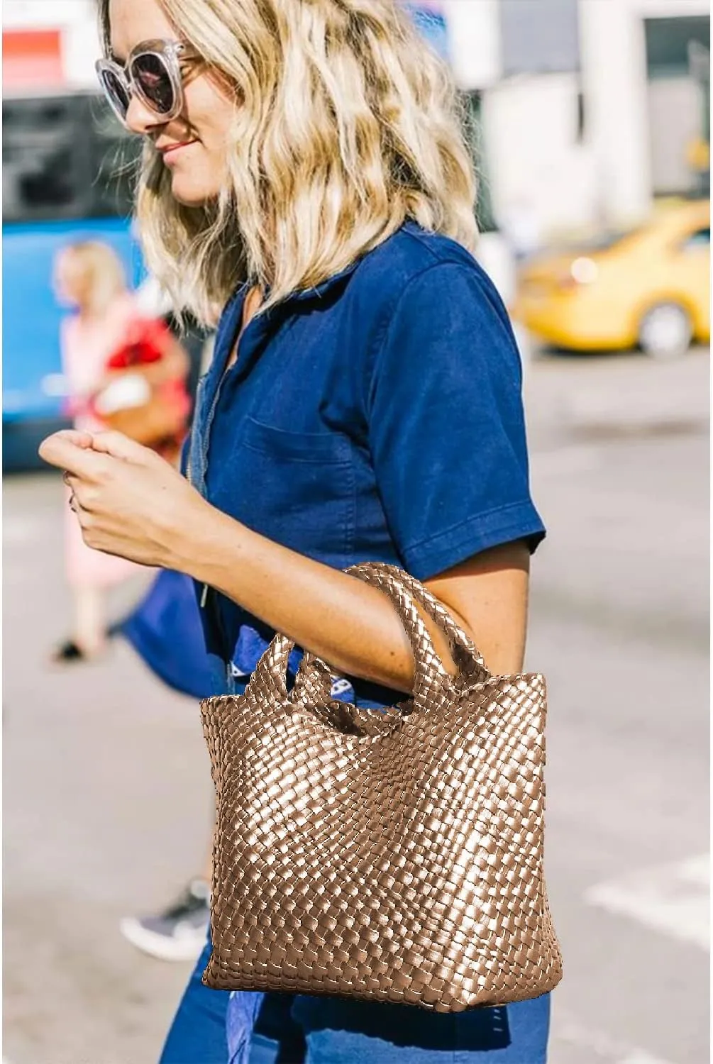Dyalsa Woven Bag for Women, Vegan Leather Tote Bag Large Summer Beach Handbag Purse Retro Handmade Travel Shoulder Bag Set