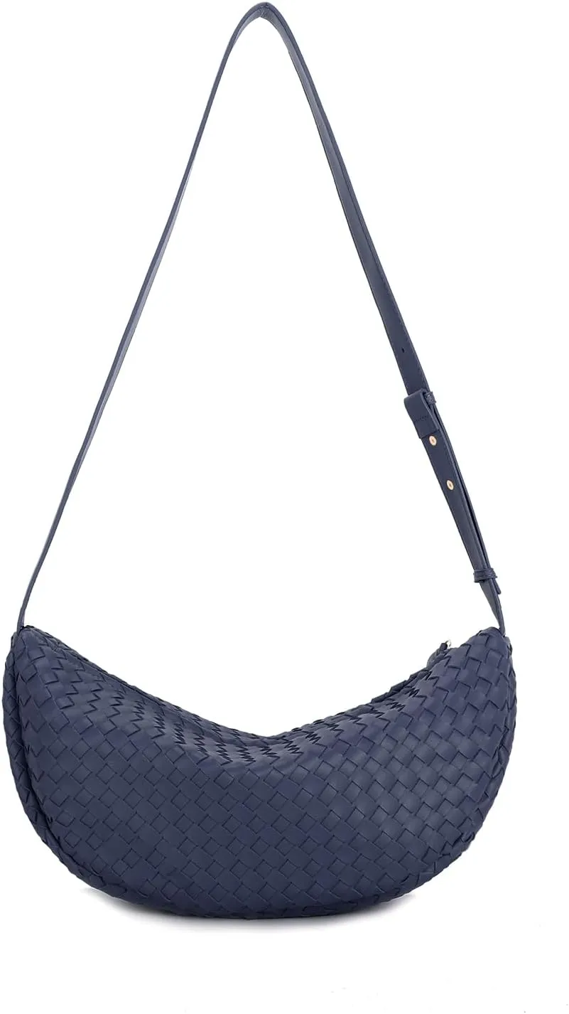 E Woven Crescent Shoulder Bag for Women with Adjustable Strap