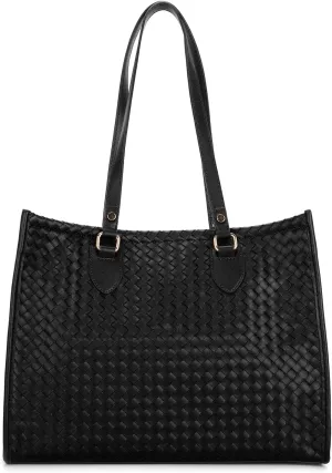 E Woven Pattern Tote Bag for Women Vegan Leather Top Handle Handbag